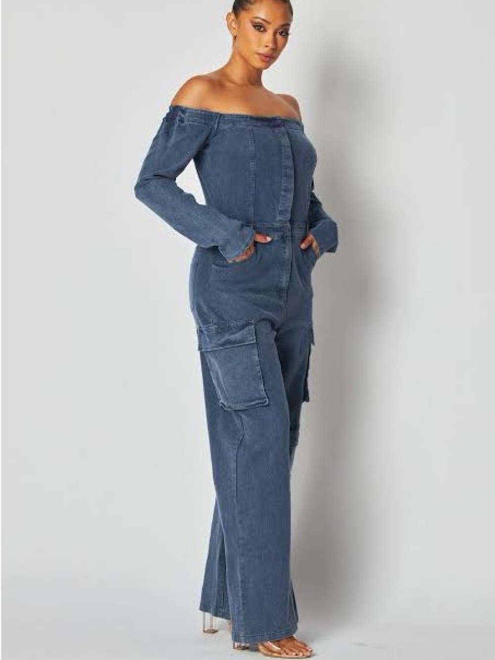 NWOT T&Licious Long Sleeve Cargo Denim Off The Shoulder Jumpsuit